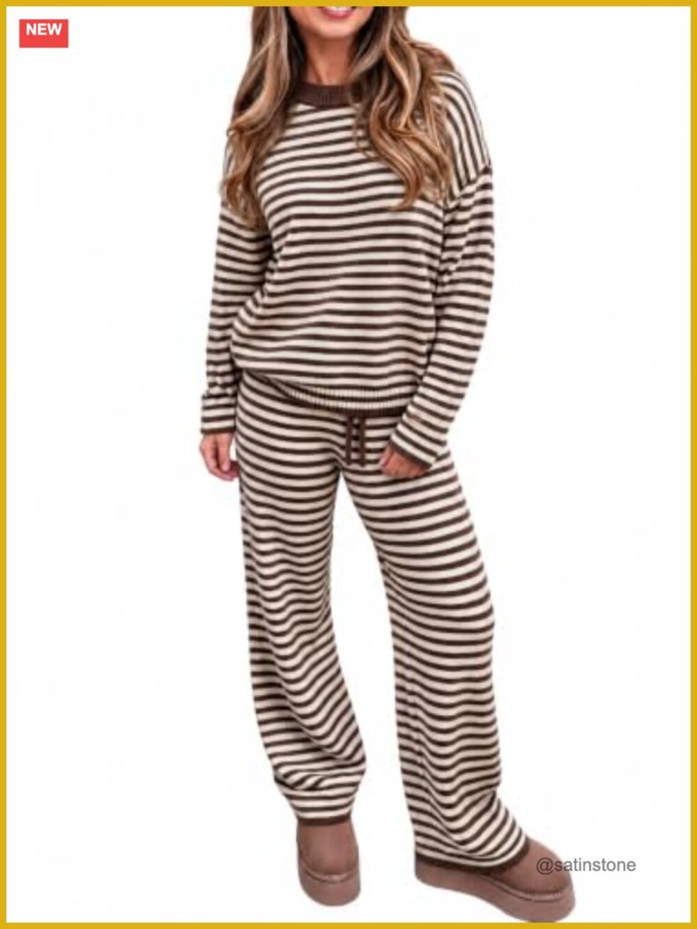 Womens 2 Piece Striped Sweater Set Oversized Knit Lounge Set Wide Leg